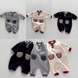 【BABY】冬作モコモコ無地ポケット付き連体服