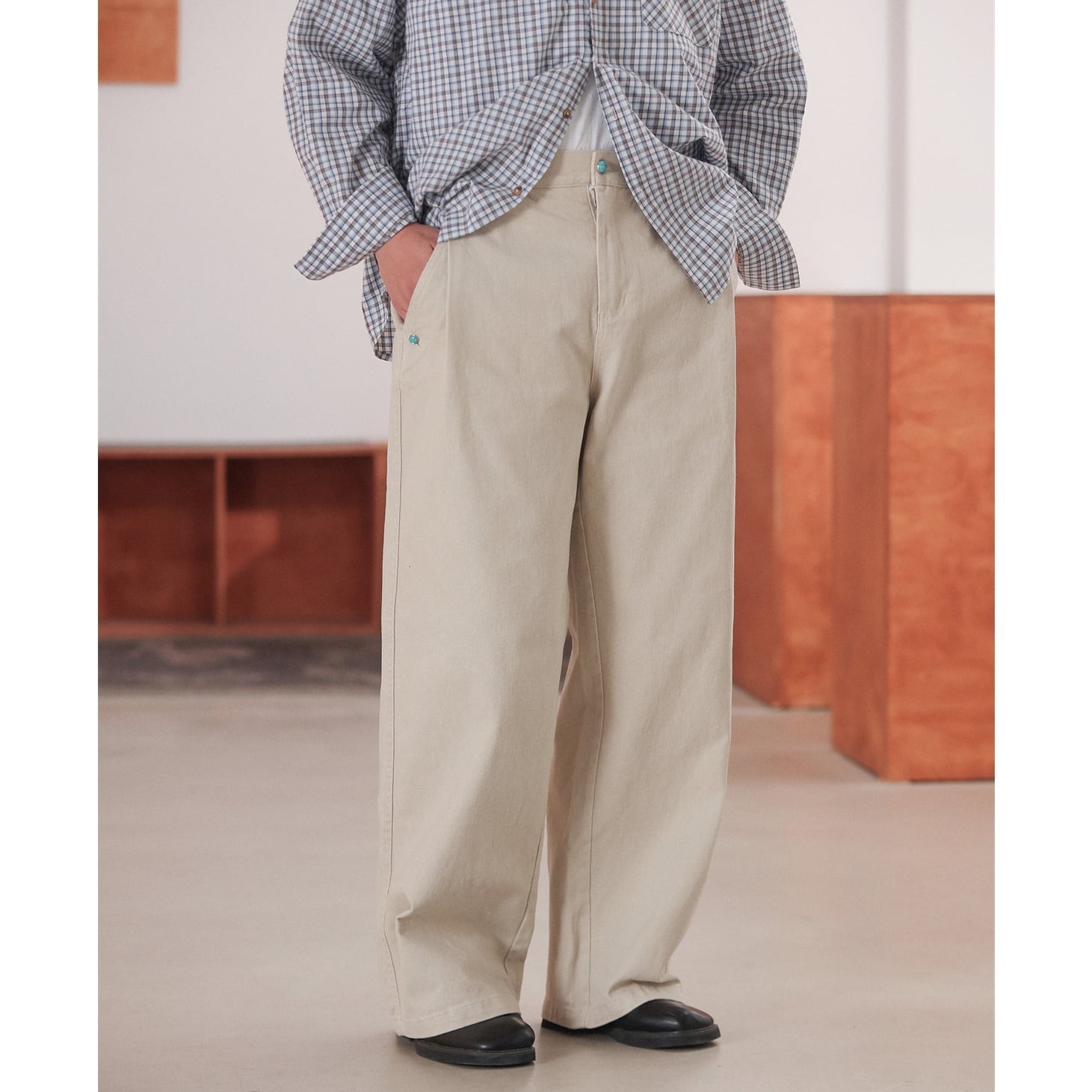 アクセントボタン ワイドストレート イージーパンツ a-1283