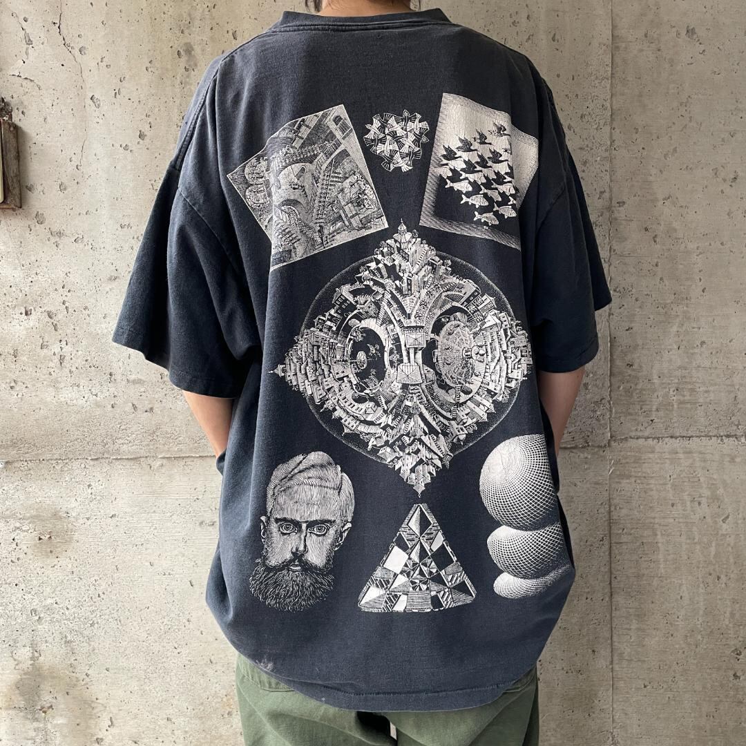 XZ357 90s Tシャツ マルチプリント エッシャー アート ヴィンテージ 