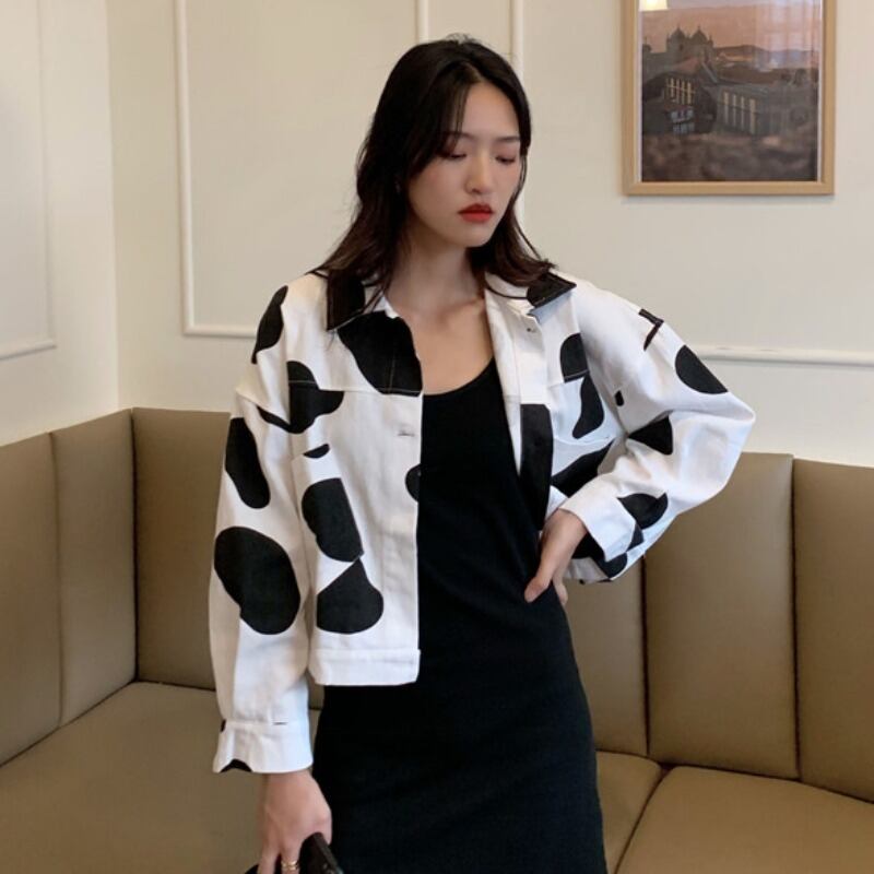 ブラックホワイトパターンダブルポケットジャケット スプリングカーディガン 春物 YY-ファッション80197116633