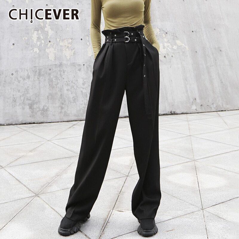 CHICEVERブラックパンツレディースウエストスパンコールレースアップポケット付きワイドレッグパンツ2020秋の潮 ワイドパンツ 6base595058103227