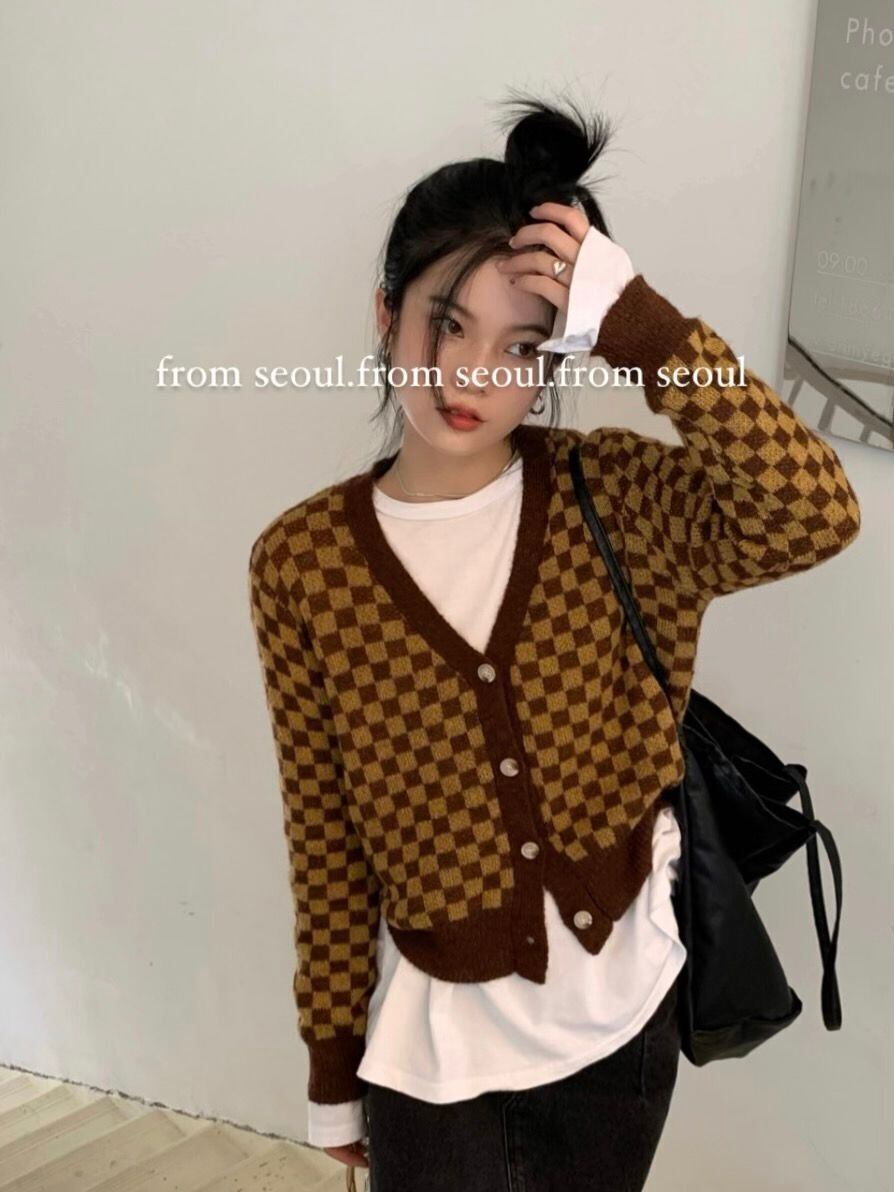 スタンダードVネックニットカーディガンオータム薄手セーター コート クロップドトップス ロング レトロ 秋物 モンロー75423708904