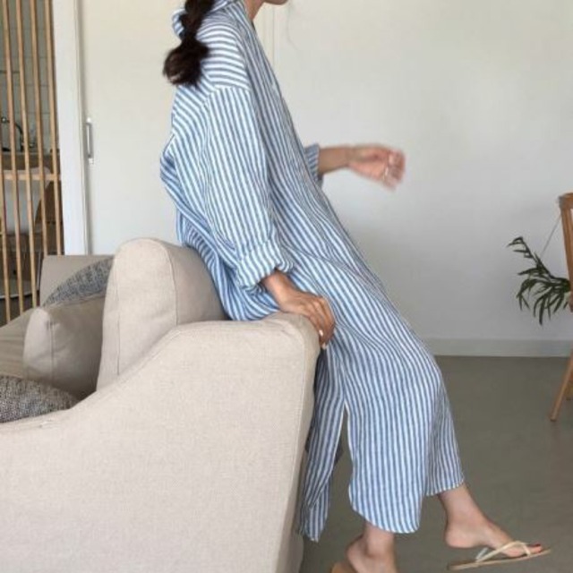 ストライプ シャツワンピ ウエストリボン ベルト