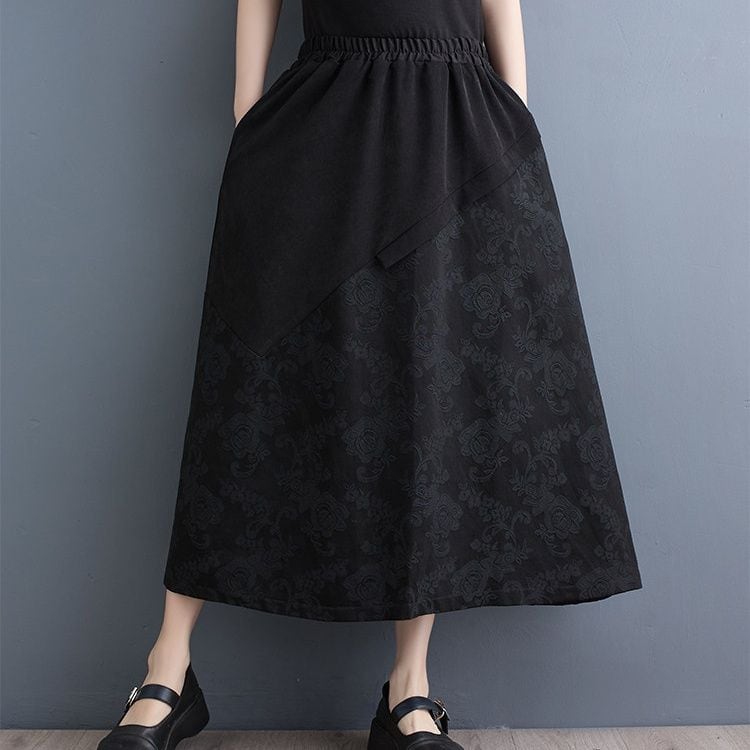 HIGH WAIST FLORAL JACQUARD A-LINE MIDI SKIRT M-18448