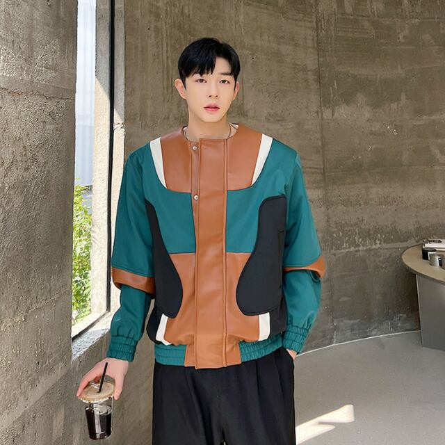 【予約販売】ジャケット ノーカラー ラウンドネック アウター レザー 異素材 グリーン バイカラー ショート丈 メンズ お洒落 こなれ感 シック 秋 春 M/L/XL