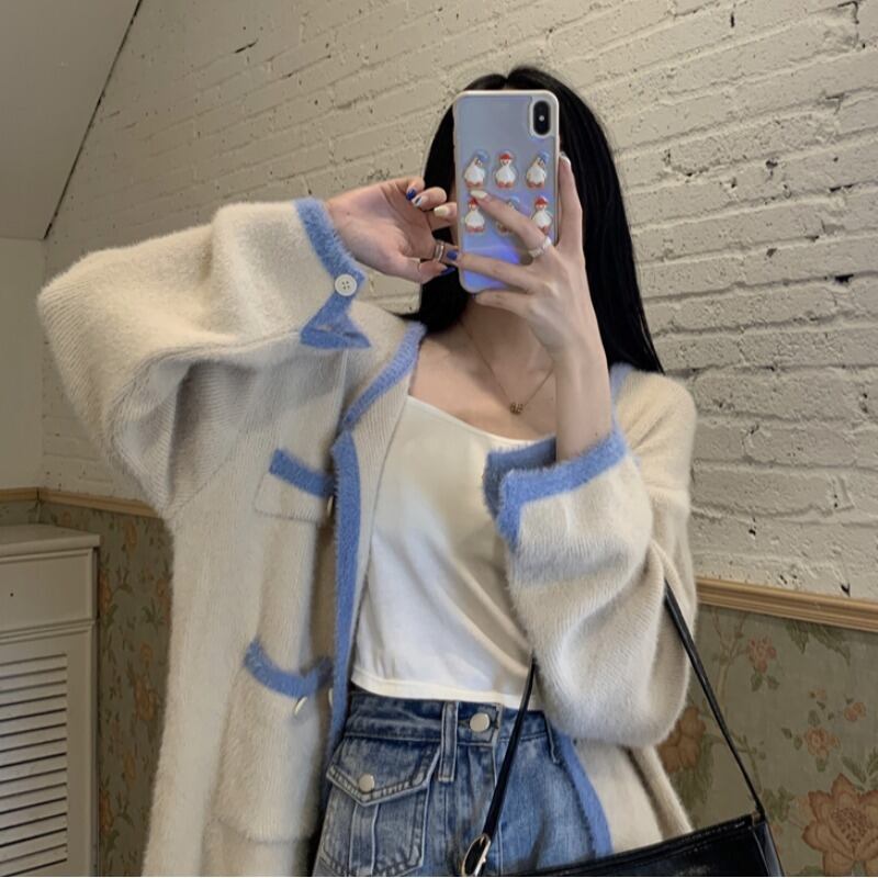 カラーニットカーディガンジャケット ルーズ薄手セーター オータムトップス ロング 秋物 萌量不足14849829810