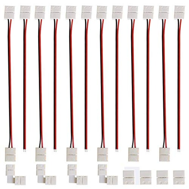 GTIWUNG LEDテープ 延長用 ワンタッチコネクタ 2ピン 8mm 3528 2835 SMD 単色用 半田付け不要LEDストリップ接続変換器コネクタ（12個) 装飾直角スナップコネクタ（4個） 2ピンLEDテープライトLタイプコネクタ（4個）
