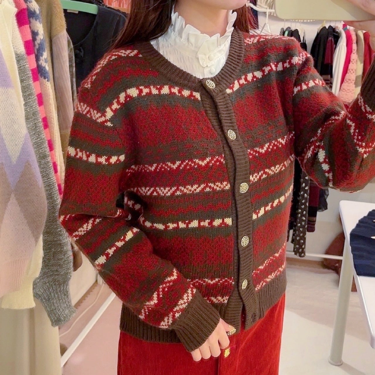 bordeaux × brown knit cardigan