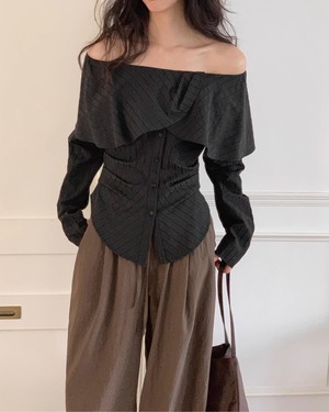 ストライプオフショルダーロングスリーブシャツ A0021