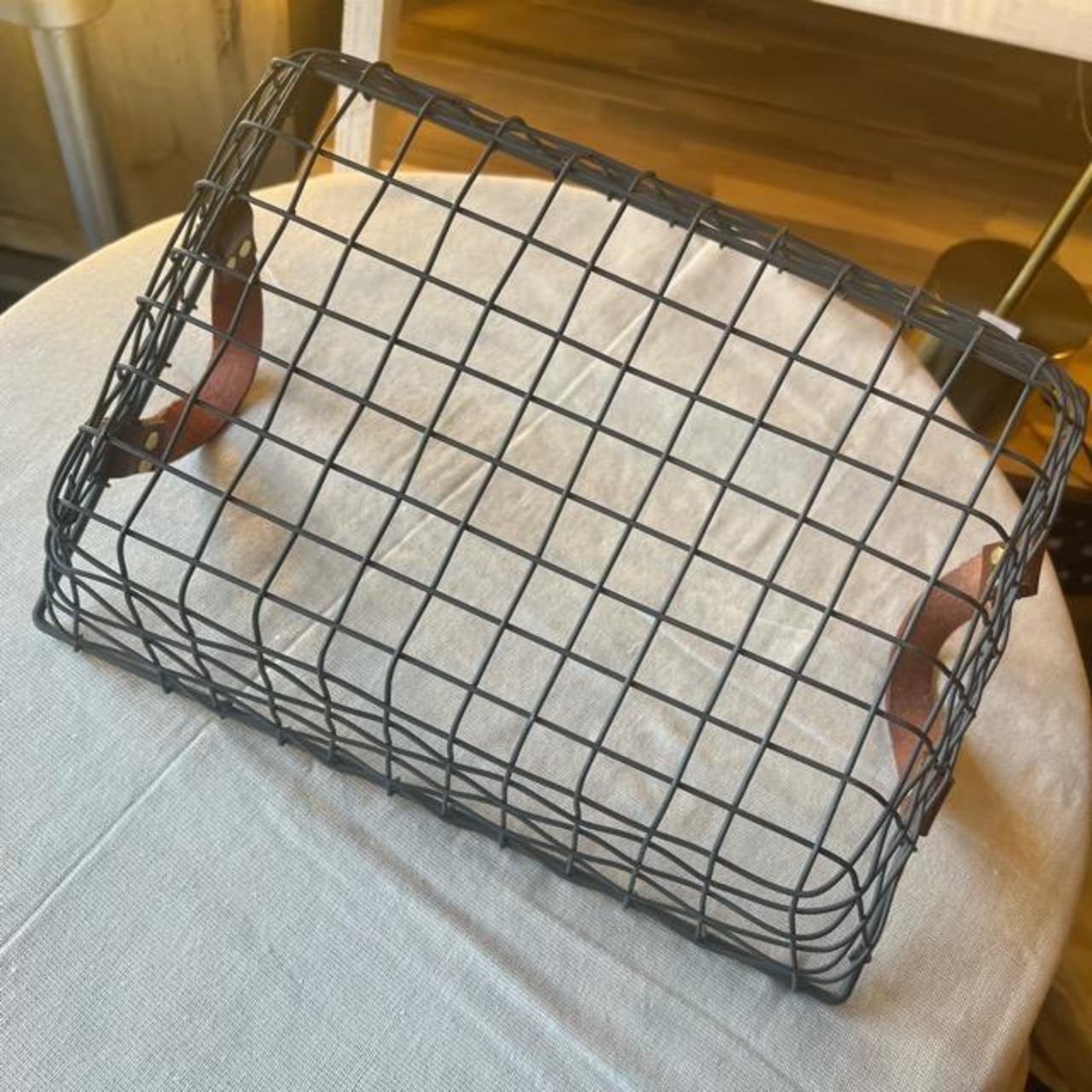 Large leather rectangular wire basket　