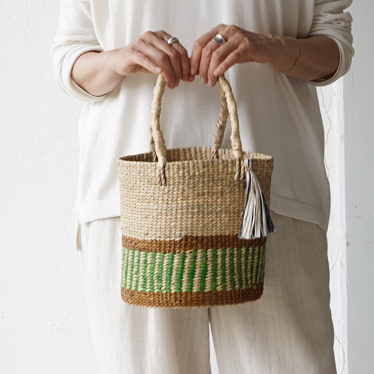 パティ草かごバッグ ストライプ柄(小)/People Tree