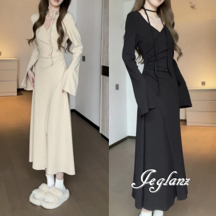 2色 ワンピース チョーカー付き スリットスリーブ ミニ/ロング(M8119)γα