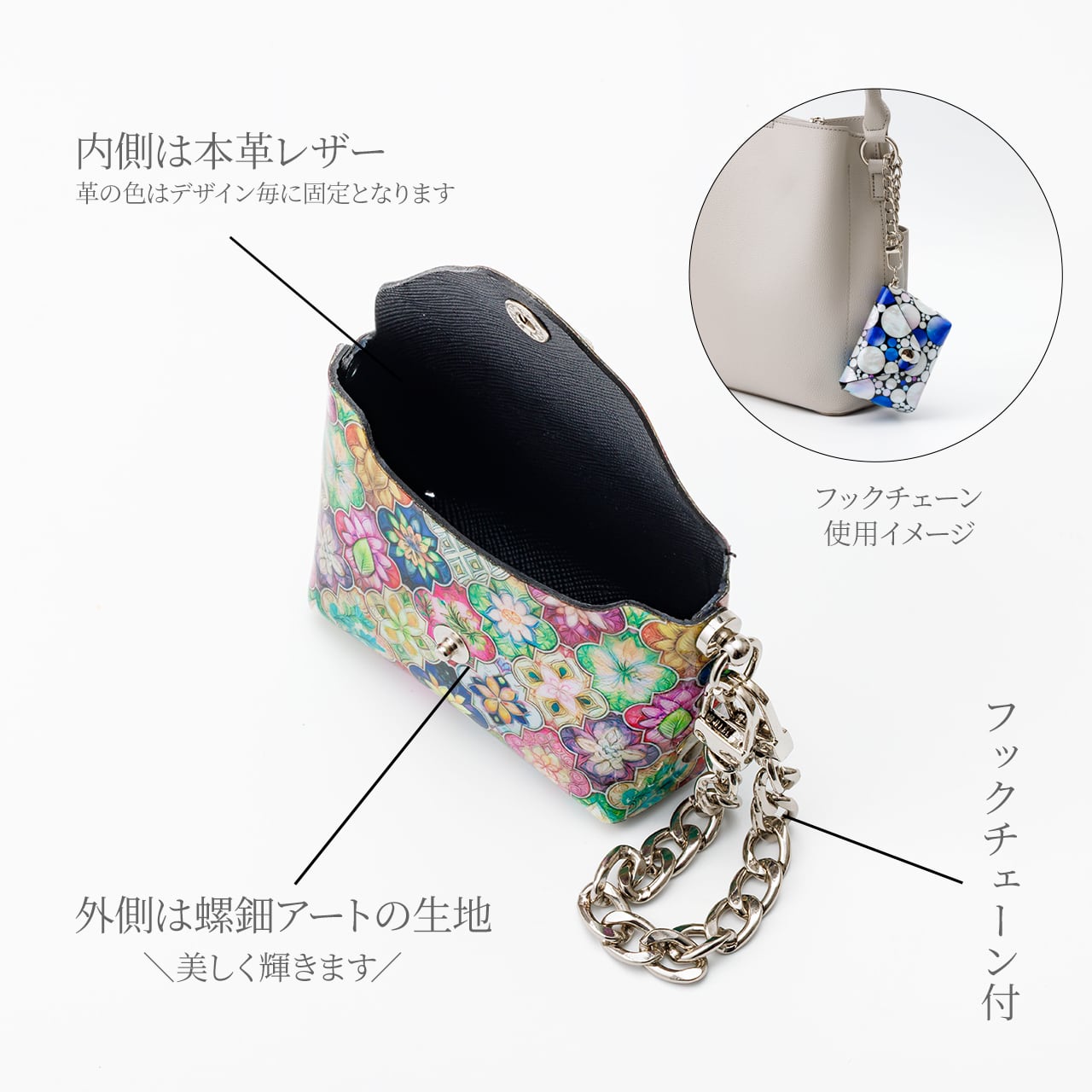 天然貝 螺鈿アート シェル ☆ エンベロープポーチ キーチェーン付き