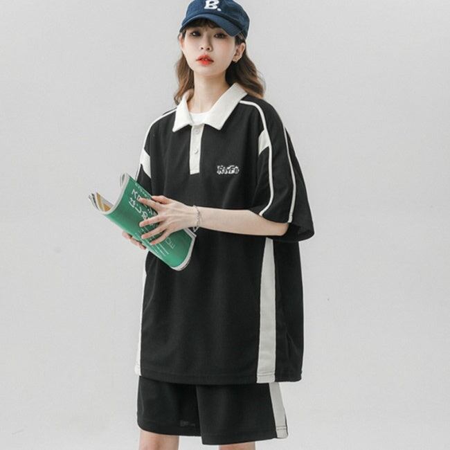 ハーフジップ セットアップ 上下セット ポロシャツ 夏服 韓国 ジャージ セットアップ レディース 韓国 夏服 半袖 ポロシャツ