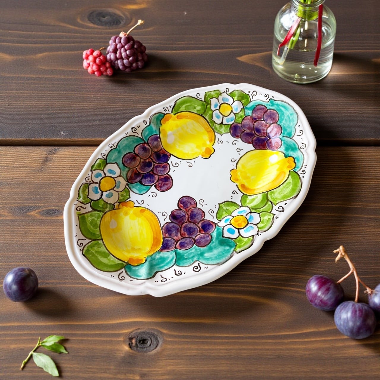 オーバル皿 25cm OVL045 マヨリカ焼き イタリア陶器 ブドウとレモン