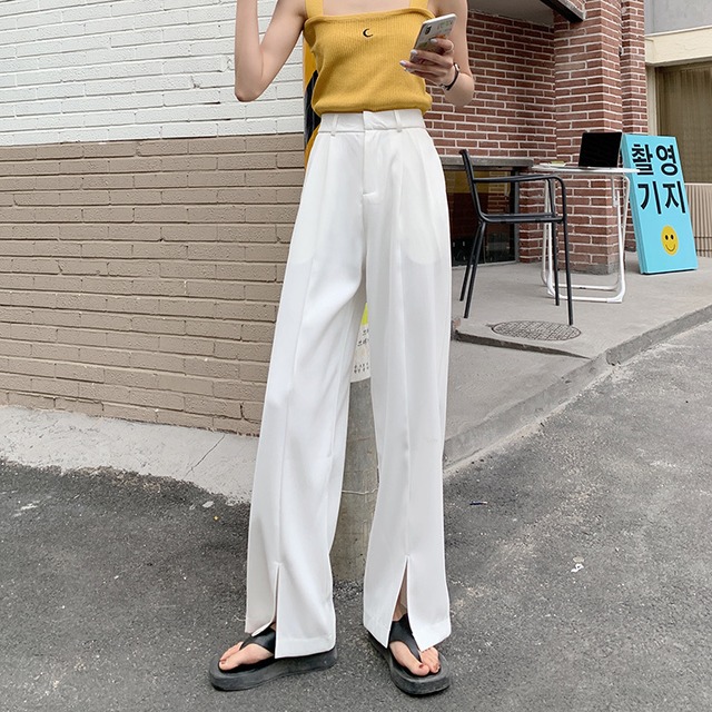 ホワイトスリットカジュアルパンツ ハイウェストサマー薄手ルーズ 夏物 YY-ファッション1924367496