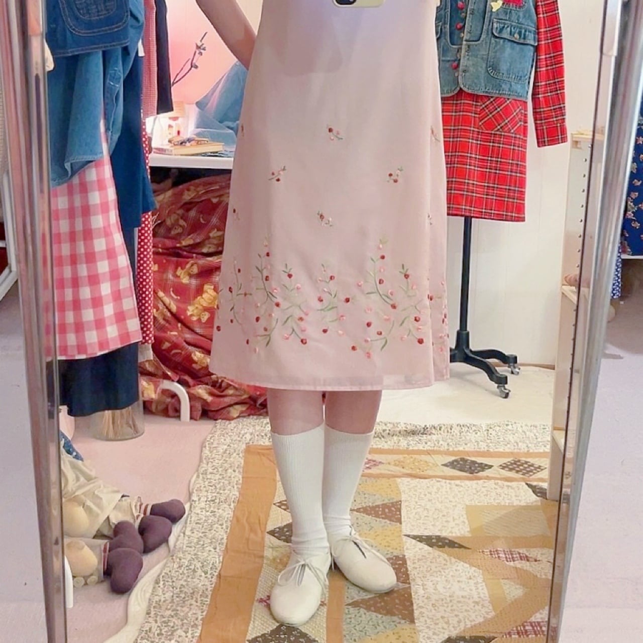 flower embroidery pink sheer one-piece