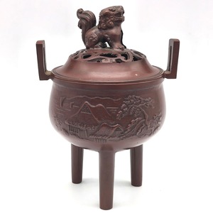 三足香炉・金属製・獅子蓋・No.260812-16・梱包サイズ60