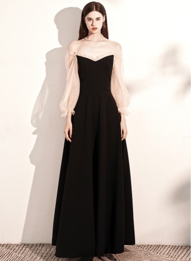 ブラック マキシ丈 異素材ＭＩＸ　 フリル パーティードレス ipd0416 