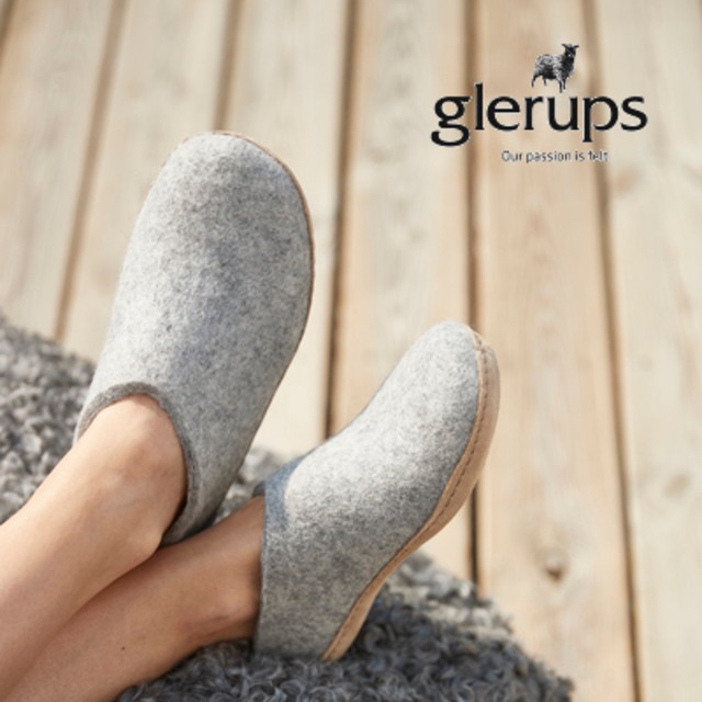 【冬物処分セール】glerups(グレーラップ) SLIP-ON WITH LEATHER SOLE（スリップ・オン（レザーソール））38（約24㎝） Grey Leaather スリッポン ウール レザー