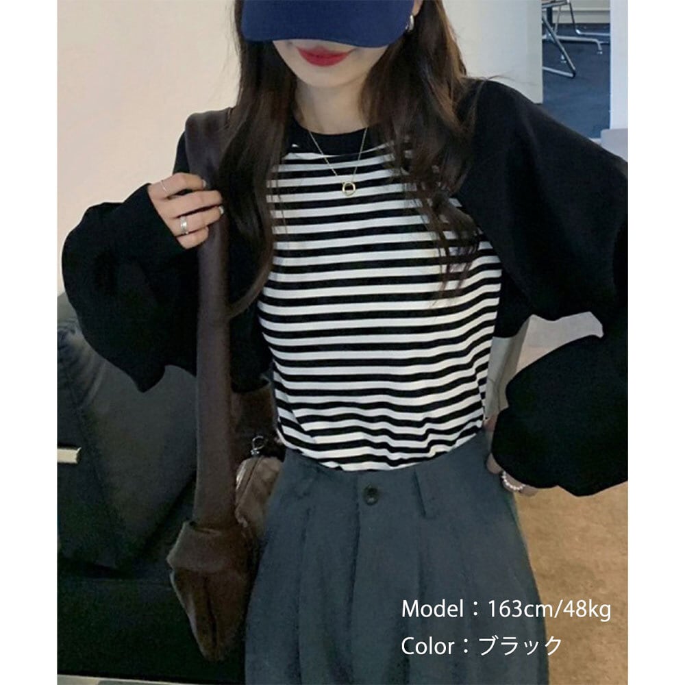 長袖 ドッキング トップス レディース 春秋冬 カットソー 韓国 おしゃれ 重ね着風 スウェット ボリュームスリーブ フェミニン 大人可愛い 大人女子