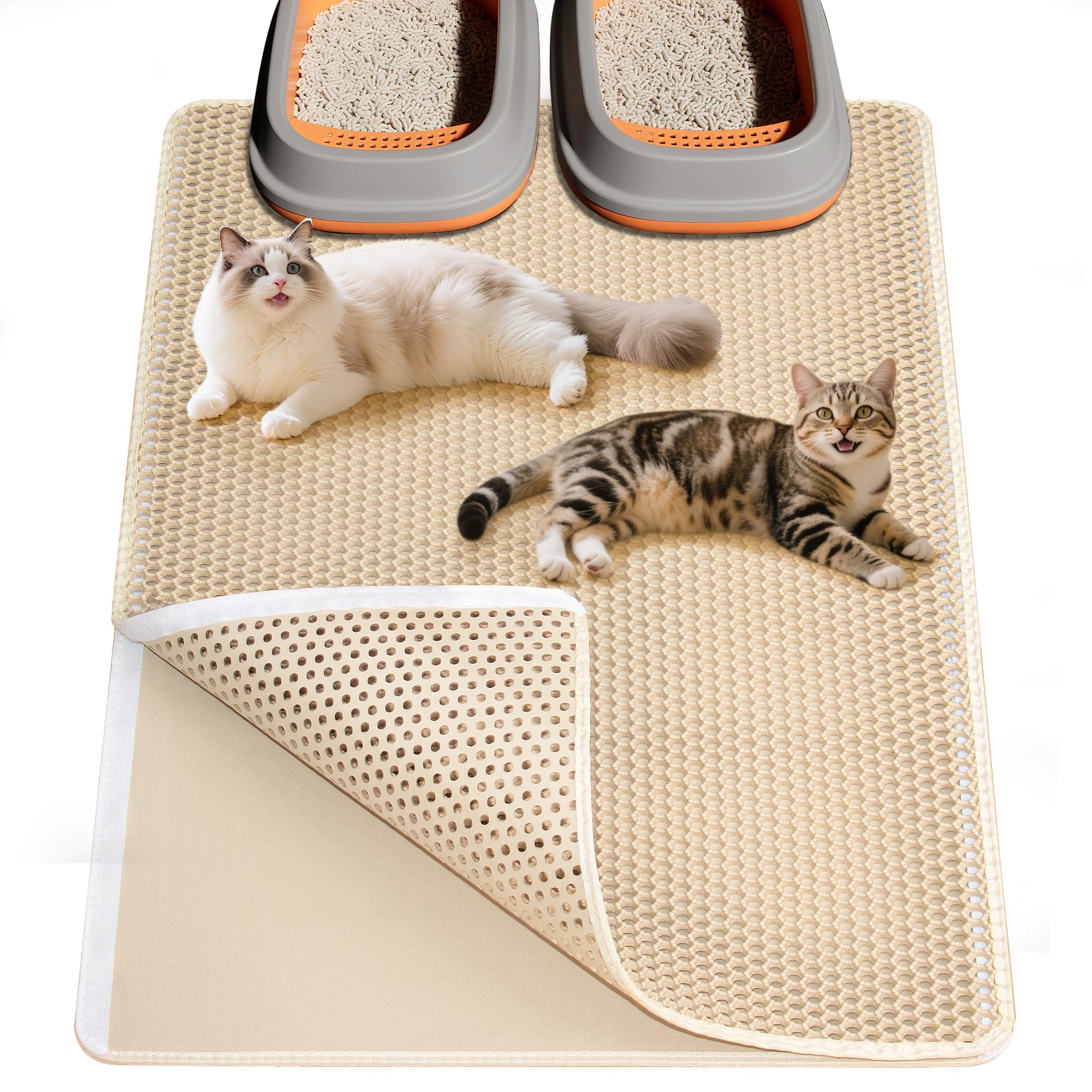 Ycozy 特大猫砂マット 90×60cm 猫トイレマット ダブルサイドベルクロ 4面開口デザイン 猫砂取りマット 飛び散り防止マット 二重EVA 猫マット ハニカムデザイン 滑り止め 防水や尿の浸透防止