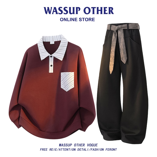 【WSシリーズ】★トップス★ ユニセックス 4color POLOシャツ 長袖 切り替え 黒 赤 灰 縦縞 縞模様