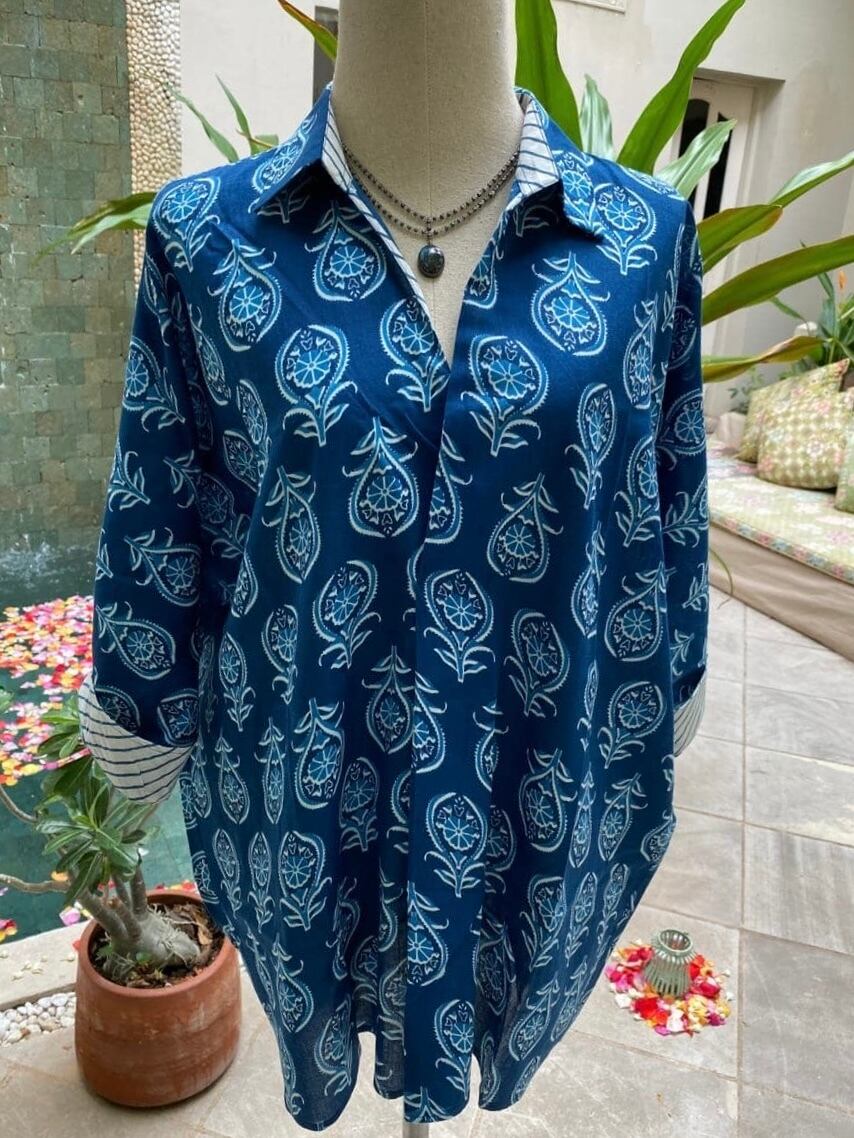 着るストレスゼロ】ブラウス インド綿 ブロックプリント 手作り 涼しい