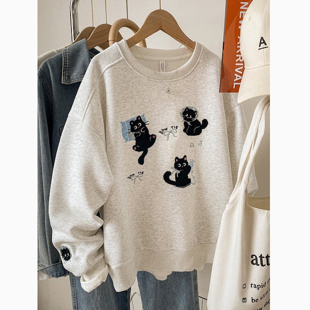 ♥可愛い猫柄トップス！【TINGHANシリーズ】★トップス★ ユニセックス スウェット 猫 猫柄 レディース グレー 灰色