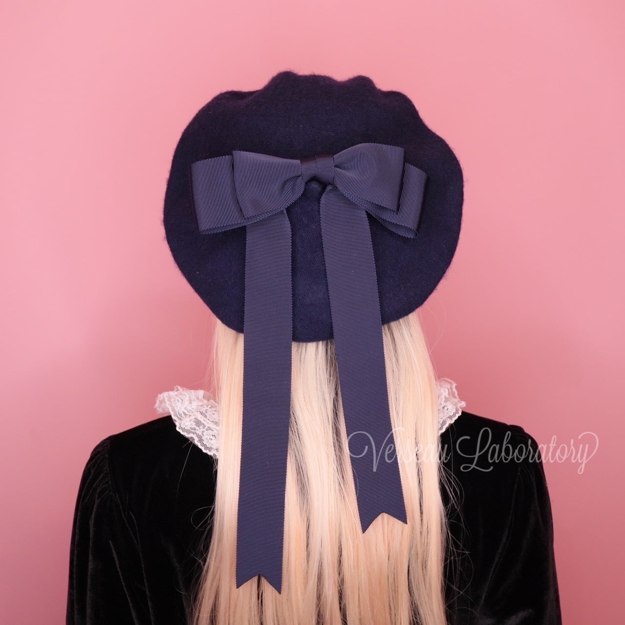 H04 【セール】 ベレー帽 天使のベレー帽ロングおリボン ネイビー 藍色