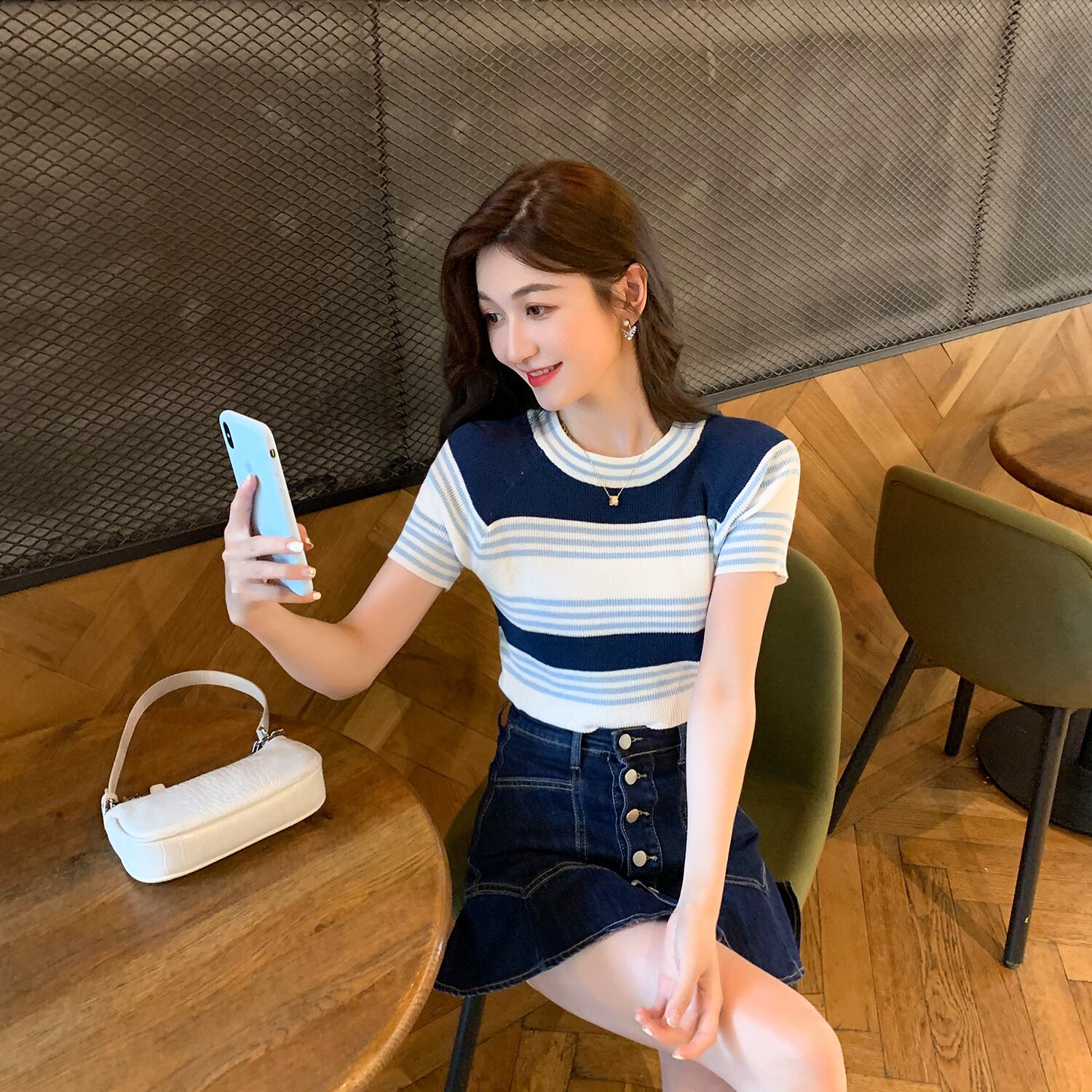 サマースタイルラウンドネック薄手ニットセーター レディースハイウェストウェストショートシャツ トップス 大人ガーリー スウィート キュート カジュアル 夏物 Oネック 6Du_Shop_Women22326739104