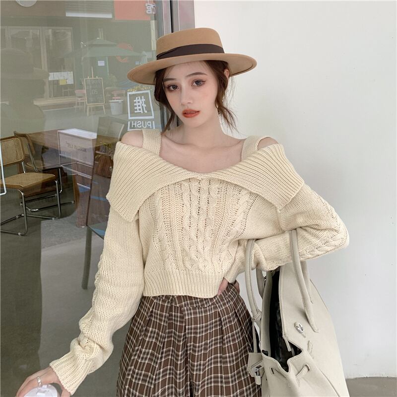 セーター レディースルーズストラップレススタンダードスタイルスプリングブラックプルオーバー トップス レトロ 春物 ブラックストロベリース52444353521