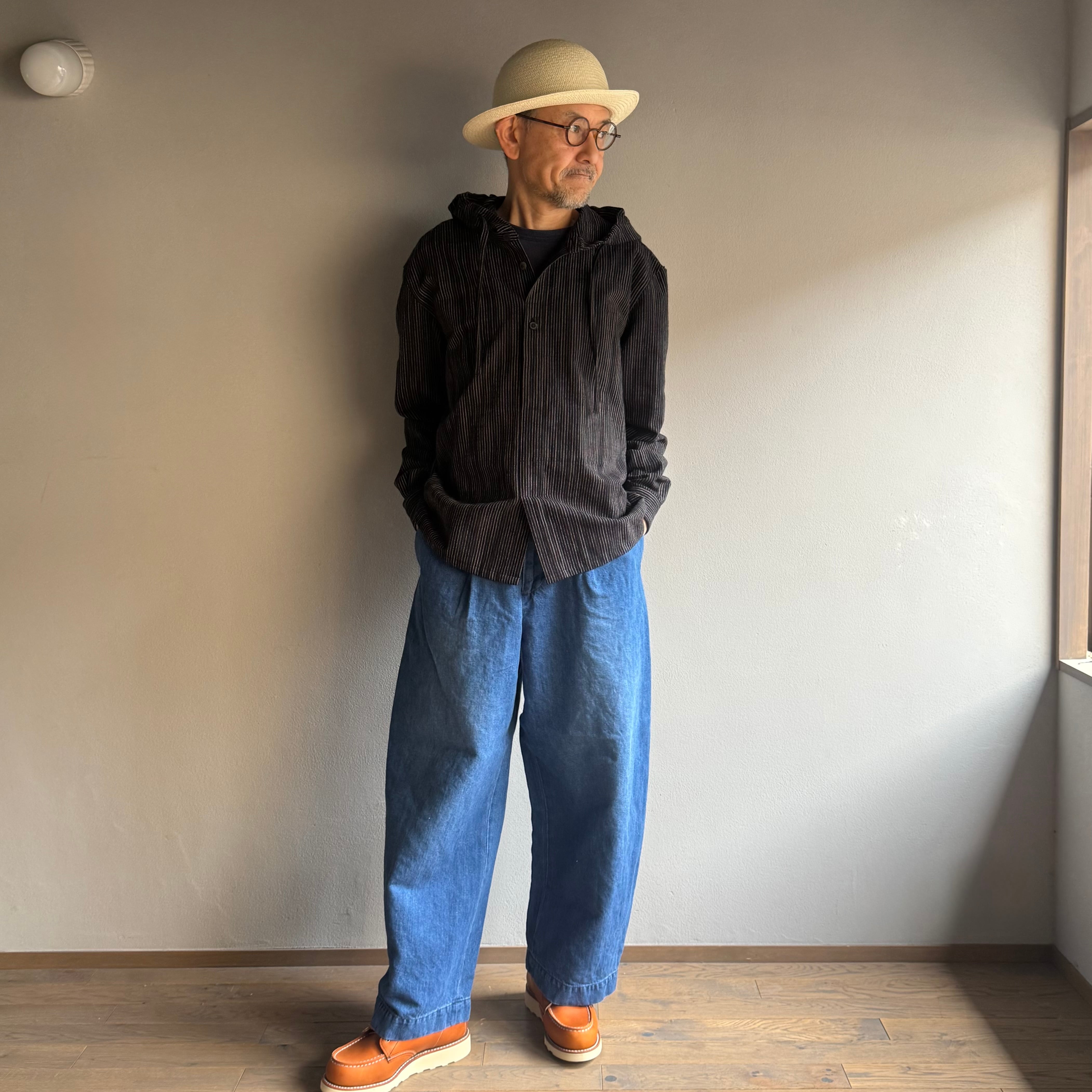 THE HINOKI/ザ・ヒノキ ORGANIC COTTON HOODED SHIRT /オーガニックコットン フーディッド シャツ BLACK STRIPE #TH26S-17 size 3