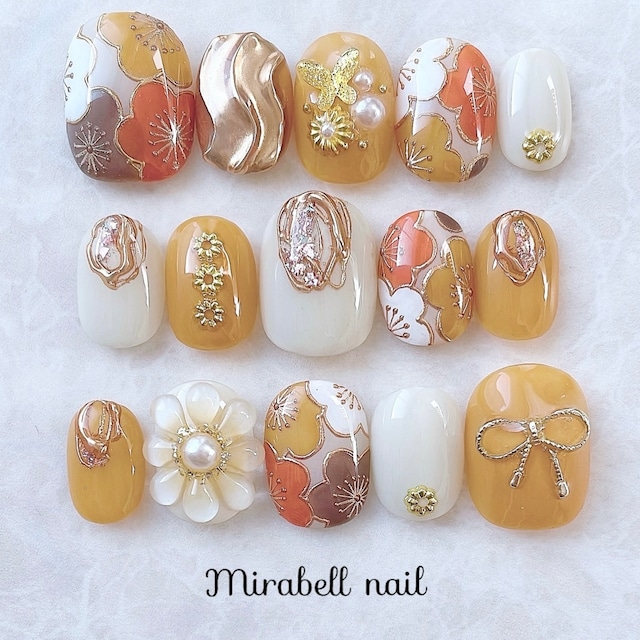 和柄 オレンジ  梅 ぷっくり フラワー 花 リボン 10枚 15枚 ネイルチップ オーダー セット #ncs019