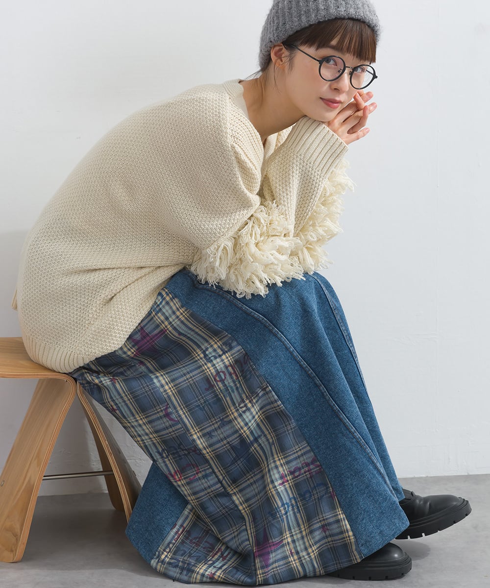 D54044 【体型カバーデニムシリーズ】 デニム×チェック切替スカート