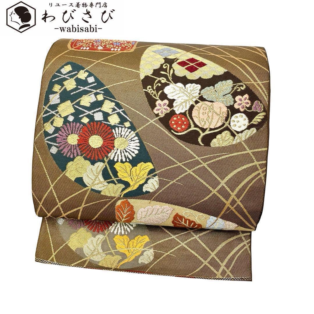 袋帯 黄金ムガ蚕 全通帯 雰囲気の良い間道柄 沈香茶色 ガード