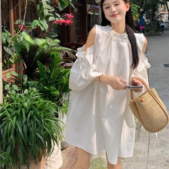 【予約販売】ワンピース レディース ミニワンピース オフショルダー 肩見せ Aライン ブラック ブラウン ホワイト フェミニン 体型カバー こなれ感 ワンピ 大人可愛い シンプル エレガント おしゃれ 韓国 旅行 バカンス 春 夏 トレンド フリー