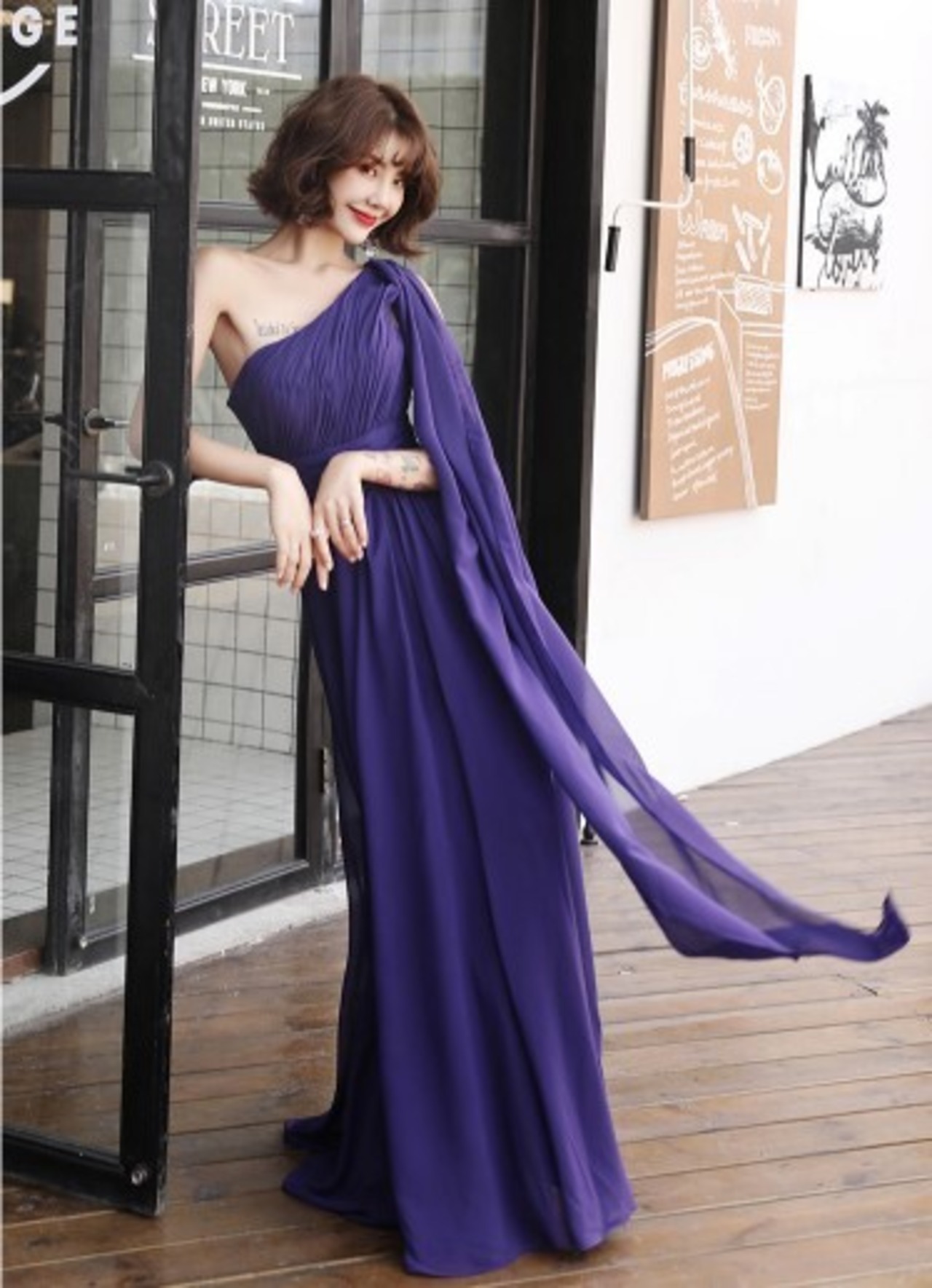 美品！ イブニングドレス パープル/紫 ワンショルダー ロング  