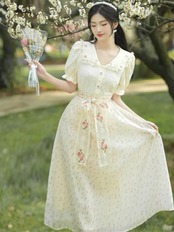 【0202】Lace Shirt Floral Skirt Short Sleeve 2 Piece Set