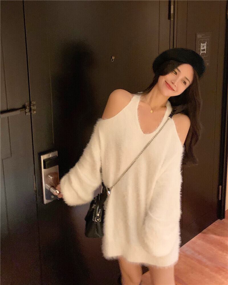 ニットセーターコート女性の2020年秋冬の新しい香港スタイルのストラップレスルーズアウターウェア穏やかな風怠惰なプルオーバートップ ブラックストロベリース26934347266