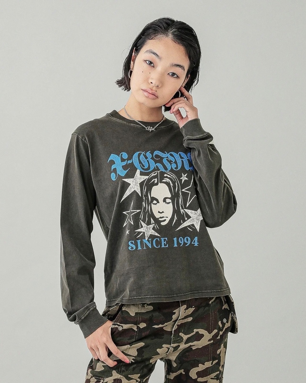 【X-girl】STAR AND FACE LOGO FADED L/S TEE【エックスガール】