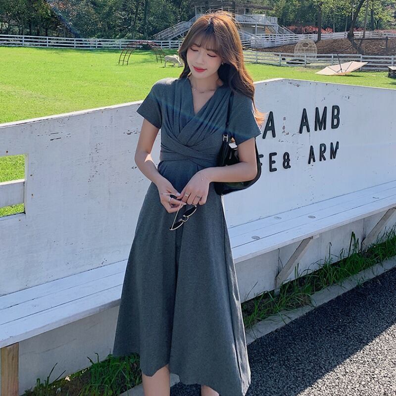 サマースタイルVネックウェストドレス 夏物 フラワーデザイン ハンチェンe55055445288