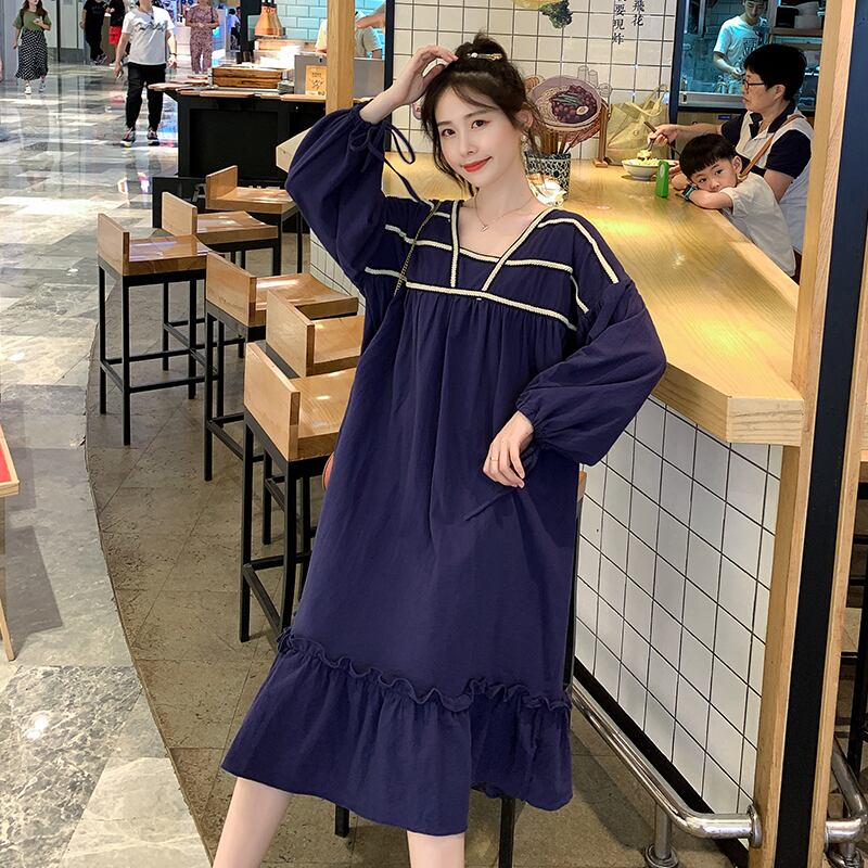 【新作】【送料無料】 マタニティドレス秋の妊婦は綿とリネンのランタンスリーブ長脂肪MMドレスを着用 ロング コットン オータム 秋物 AL expec386165715724