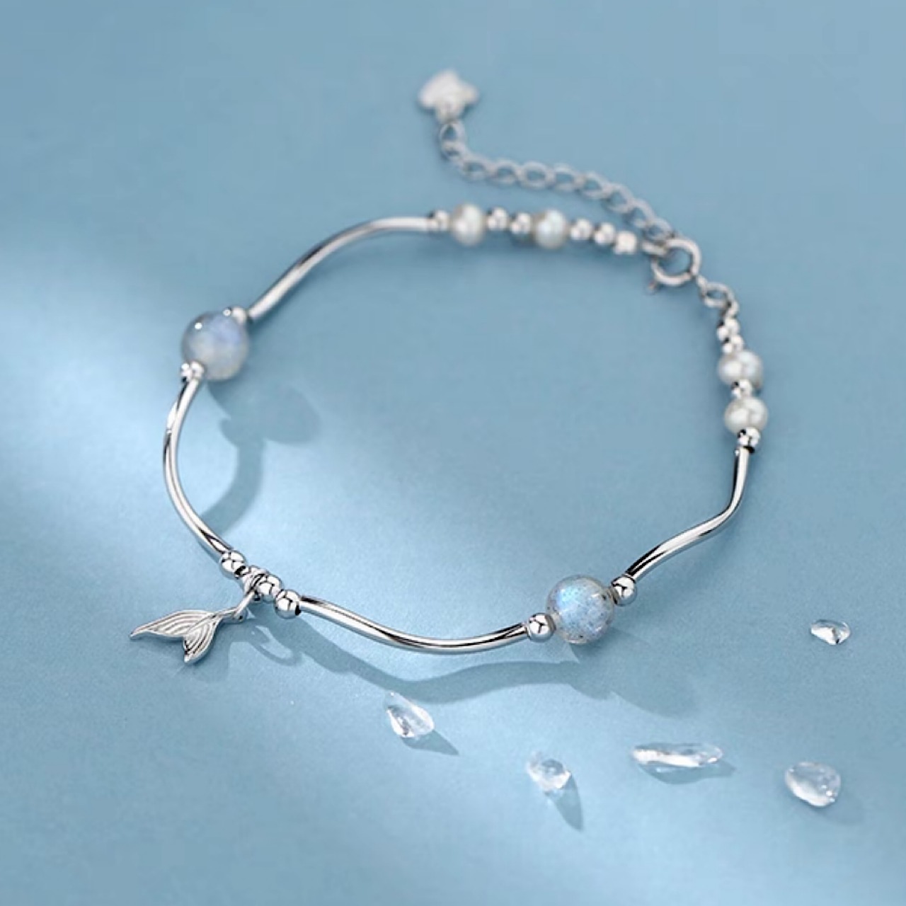 かわいい 海 魚の尻尾 パール シルバー ブレスレット