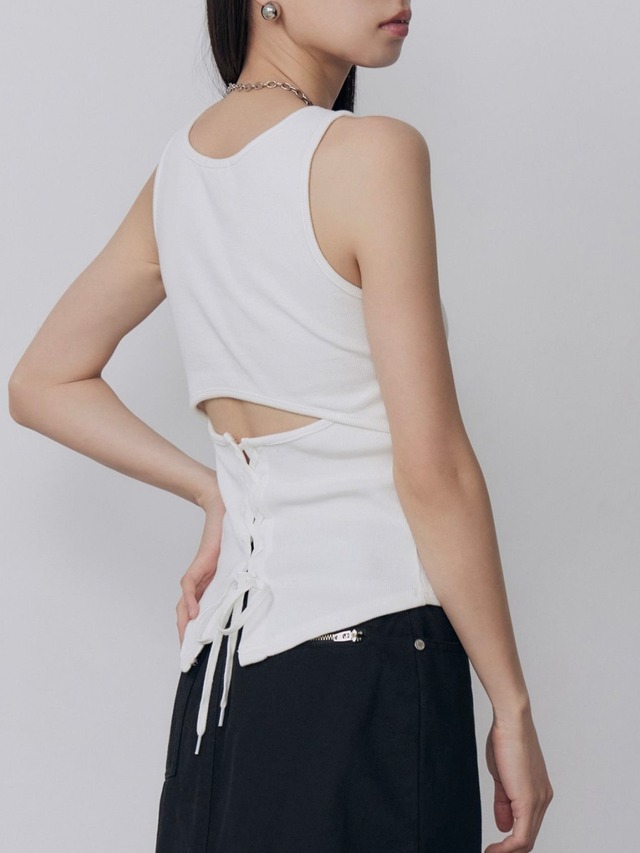 Back Lace-Up Ribbed Tank Top / WHITE