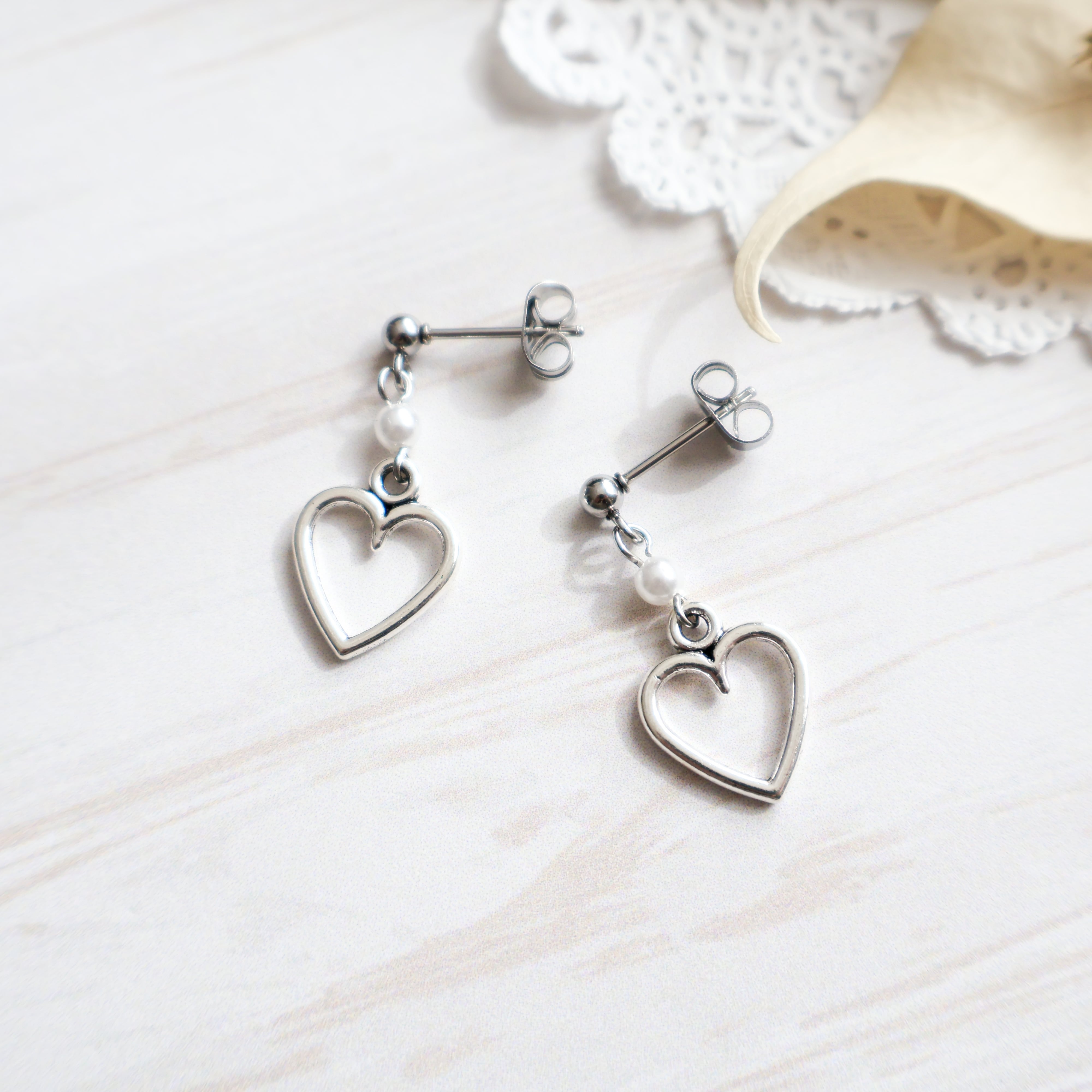 プチプラ】一粒パール×ハート(シルバー) アクセサリー レディース