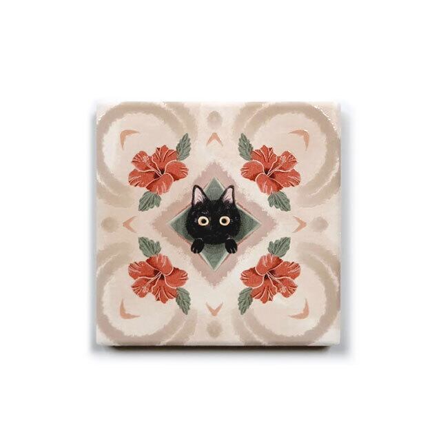 花タイル型セラミック吸水コースター（黒猫） | 猫式×台灣 台湾雑貨 猫