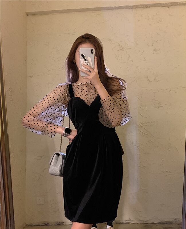 ベルベットドレス レディースウェストスリムショートスカート スプリングスタンダードブラック レトロ 春物 ブラックストロベリース40053998456