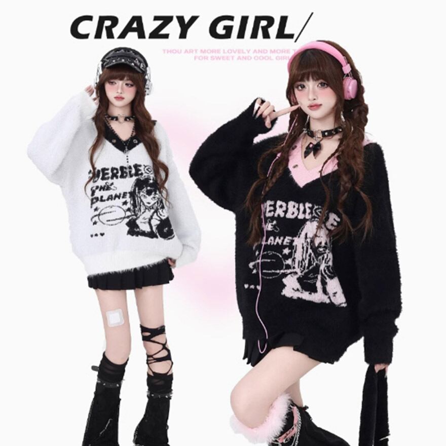 韓国メーカー　女の子服まとめ売り　80-95 CRAZYGIRLシリーズ ニット Vネック プルオーバー 病み可愛い ダーク