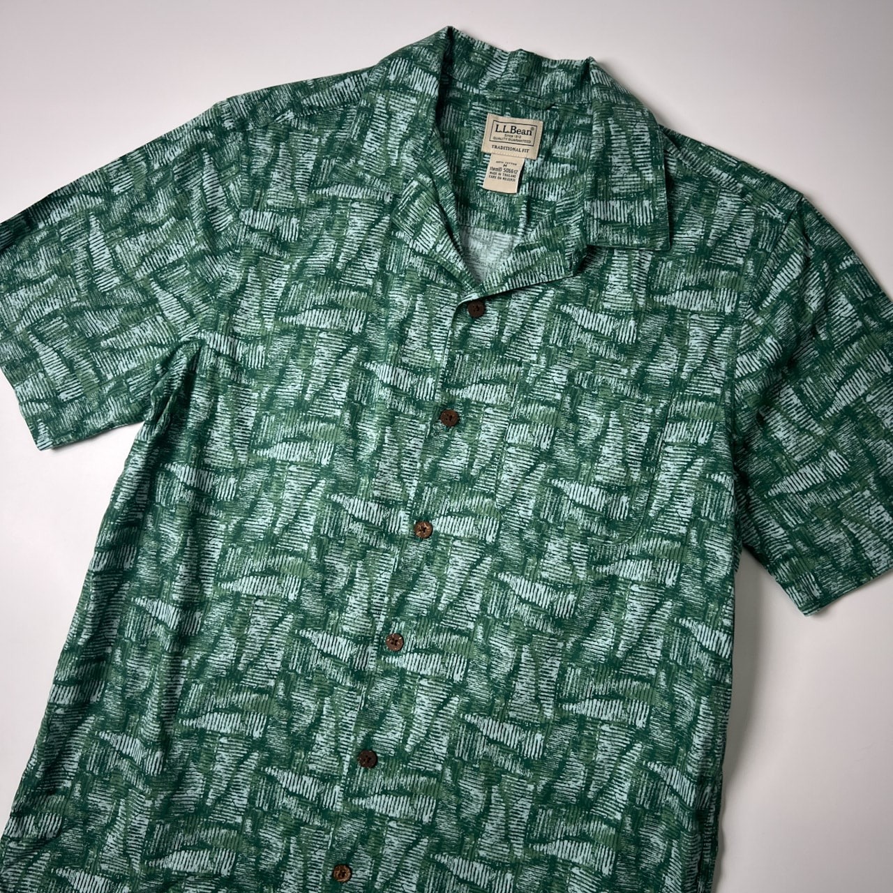 L.L.Bean エルエルビーン オープンカラー 総柄 半袖シャツ M/グリーン/アロハシャツ/コットン